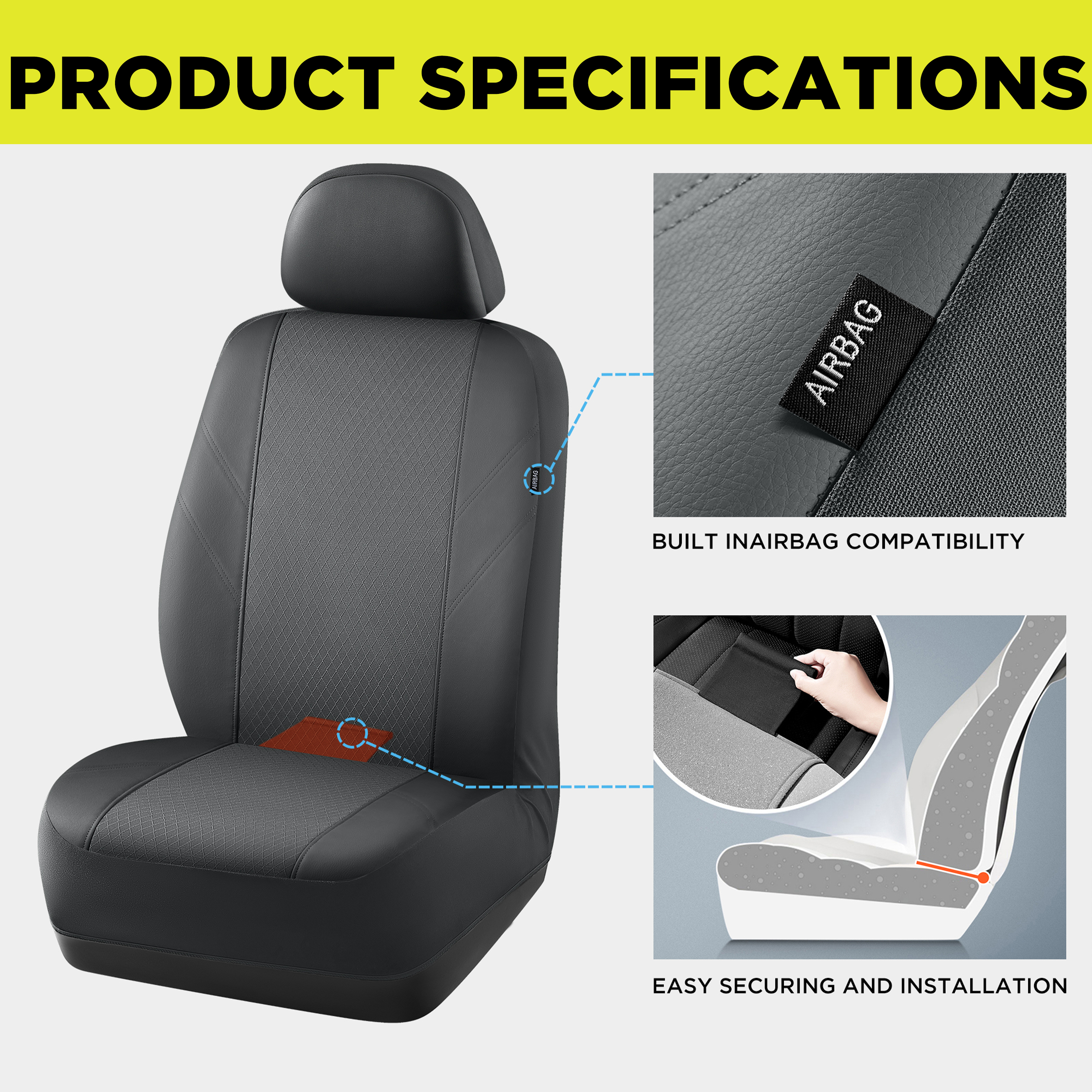 Road Comforts Leather Mesh Car Seat Cover, Airbag Compatible, Universal Fit for Most Cars - Grey
