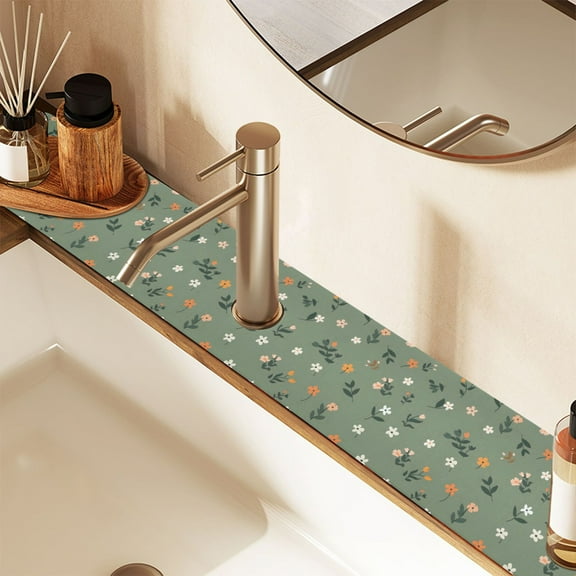 Faucet Mat for Kitchen Sink 30'' Sink Splash Guard Mat Super Absorbent Fast Drying Drain Pad Cute Small Flowers and Leaves 2 Pack