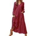 thumbnail image 4 of vigerkar Women's Linen Maxi Dress Long Sleeve with Pockets Casual V-Neck Tiered Ruffle Dress Boho Beach Pleated Long Dress Red, XXXXL, 4 of 9