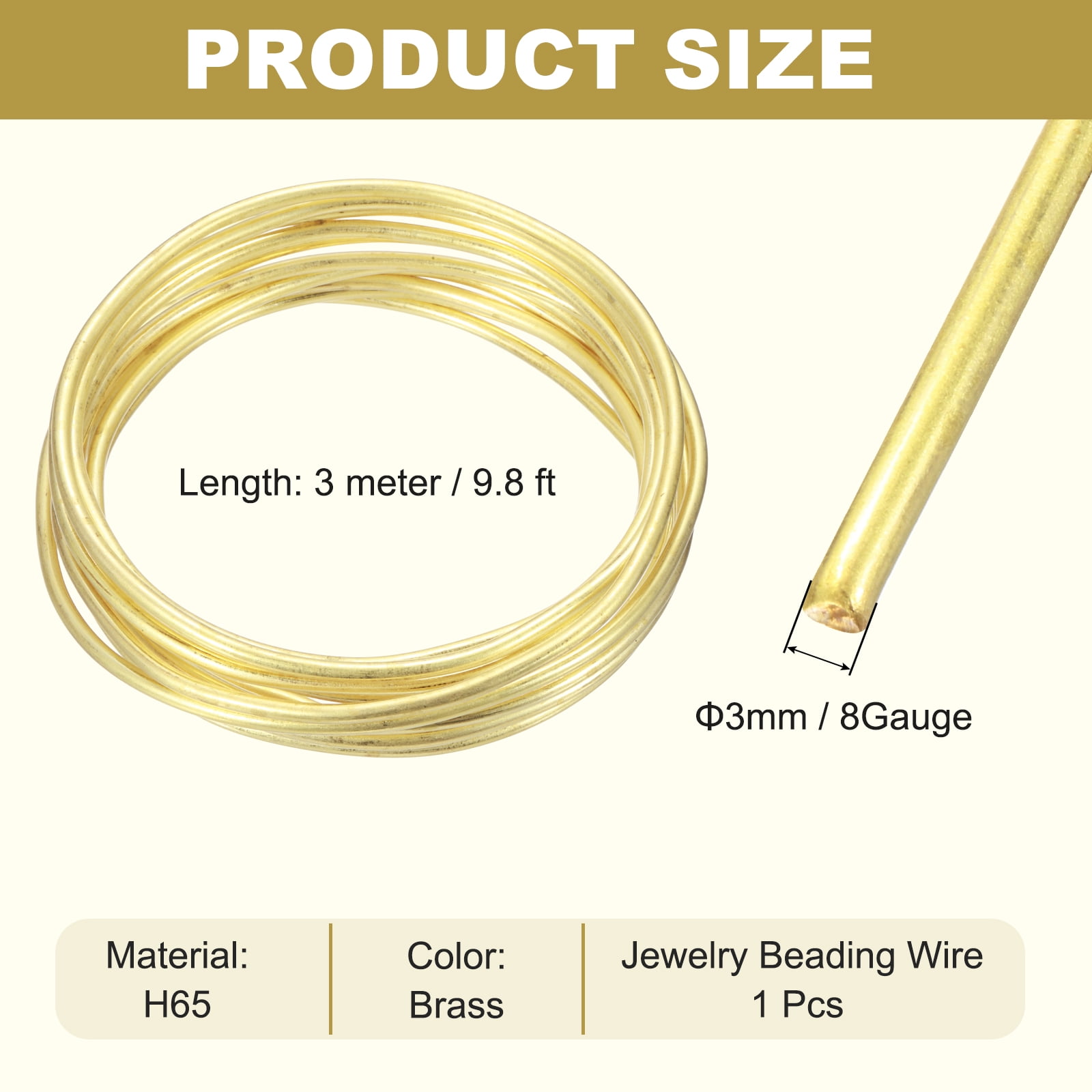 8 Gauge Brass Round Wire, 9.8 ft Craft Tarnish Resistant Beading Wires