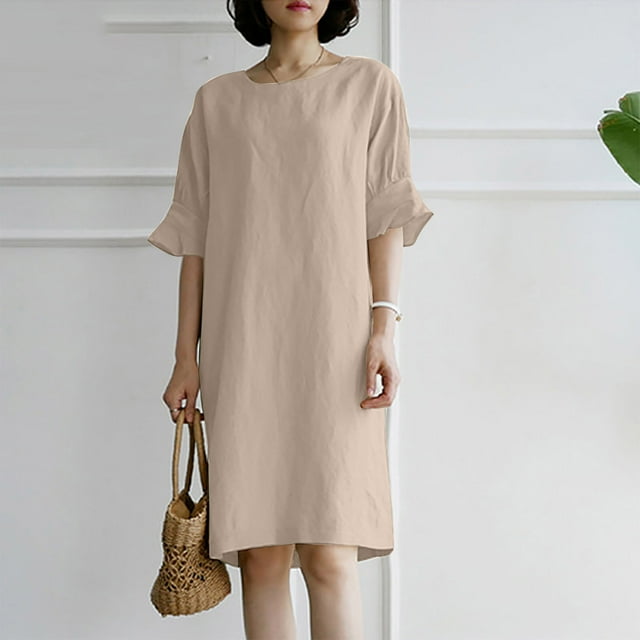 SMihono Robe d'Été Boho pour Femmes Grande Taille Robe d'Été Décontractée en Coton Lin Manches Courtes Col Rond Robe Unie
