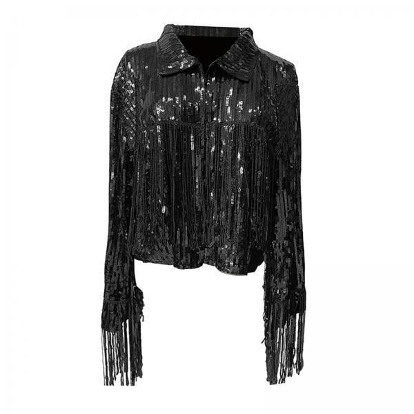 Chaqueta de lentejuelas para mujer,Chaqueta de lentejuelas para mujer,cárdigan abierto con borlas en la parte delantera,Chaqueta brillante con flecos y lentejuelas para fiestas de
