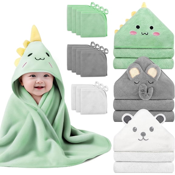 14 PCS Baby Towels, 3 PCS Soft Hooded Baby Towels & 11 PCS Washcloths, Baby Bath Towels for Newborns, Infants & Toddlers- Ultra Absorbent, Cute Baby Towel Gift for Boys
