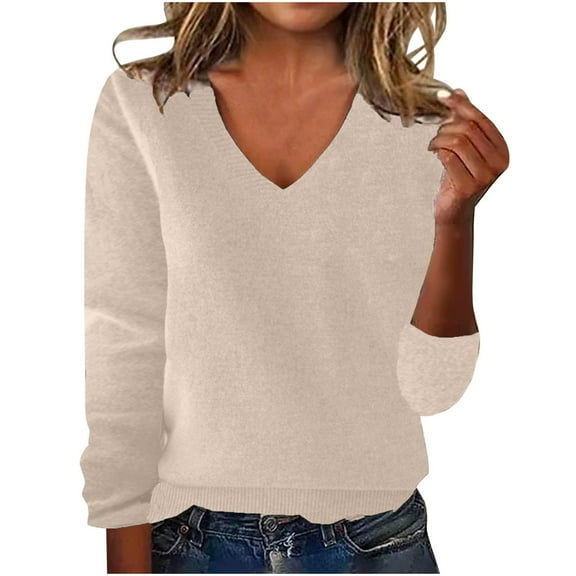 MaFYtyTPR Sweater for Women Fall Solid Color V-neck Long Sleeved Pullover Knitted Sweater As Inner And Outer Base Shirts Beige L