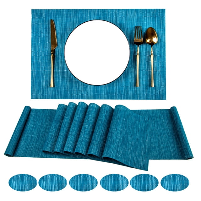Juego de mesa de comedor de 16 piezas, camino de mesa, manteles individuales, posavasos, PVC, antide Abanopi azul