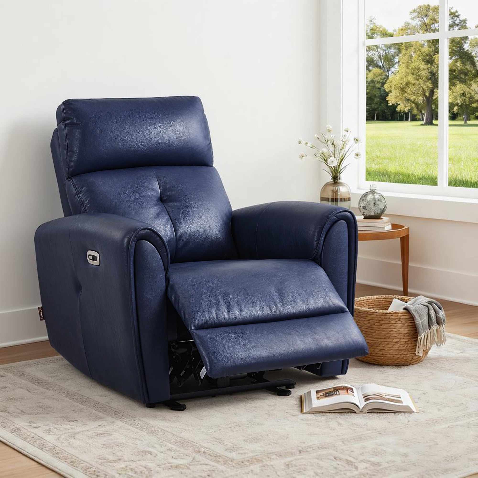 MCombo Zero Wall Hugger Power Recliner Chair for Small Spaces, FSC Certified, Faux Leather, Navy Blue
