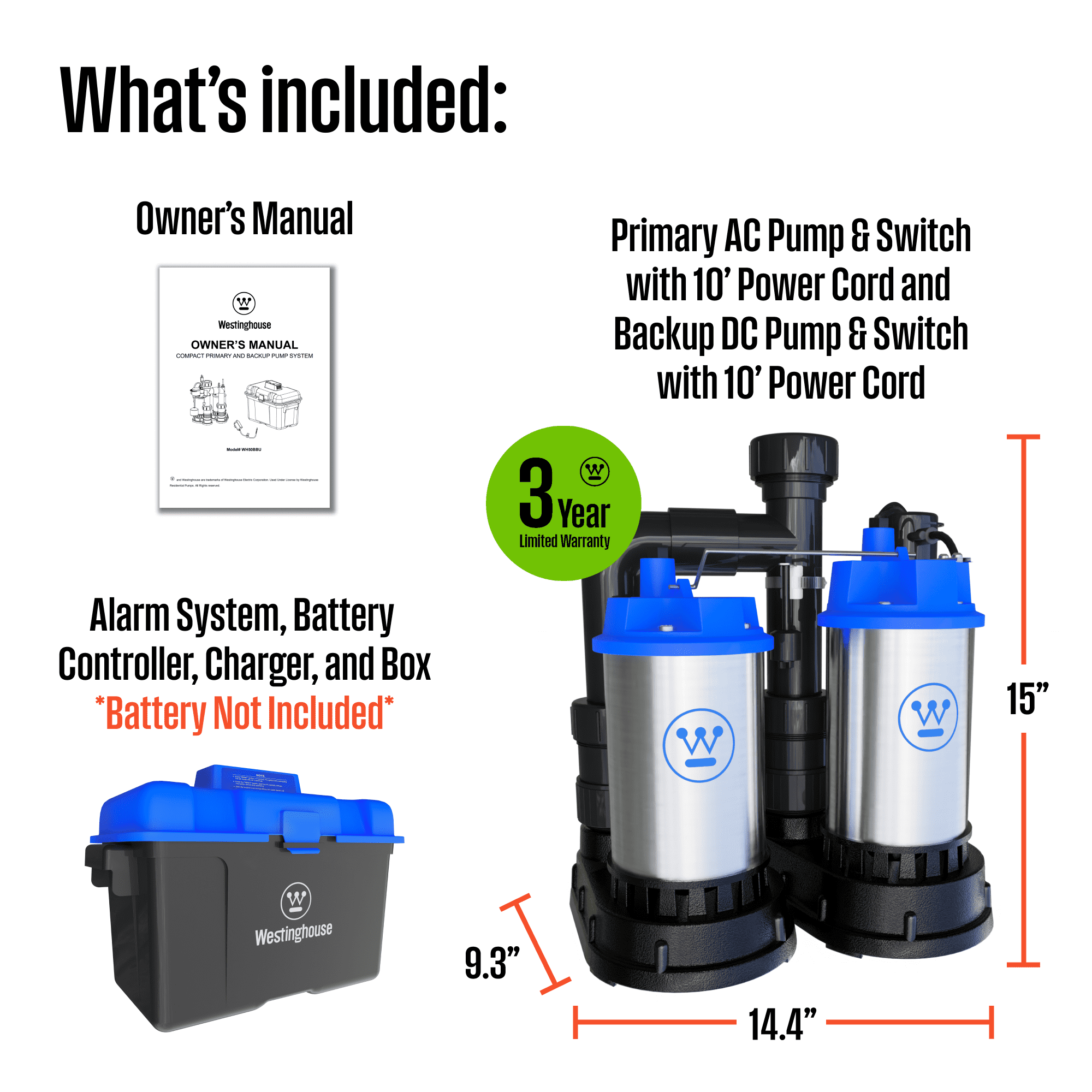 Westinghouse 1/2 HP Sump Pump With Battery Backup System - Up to 5200 GPH