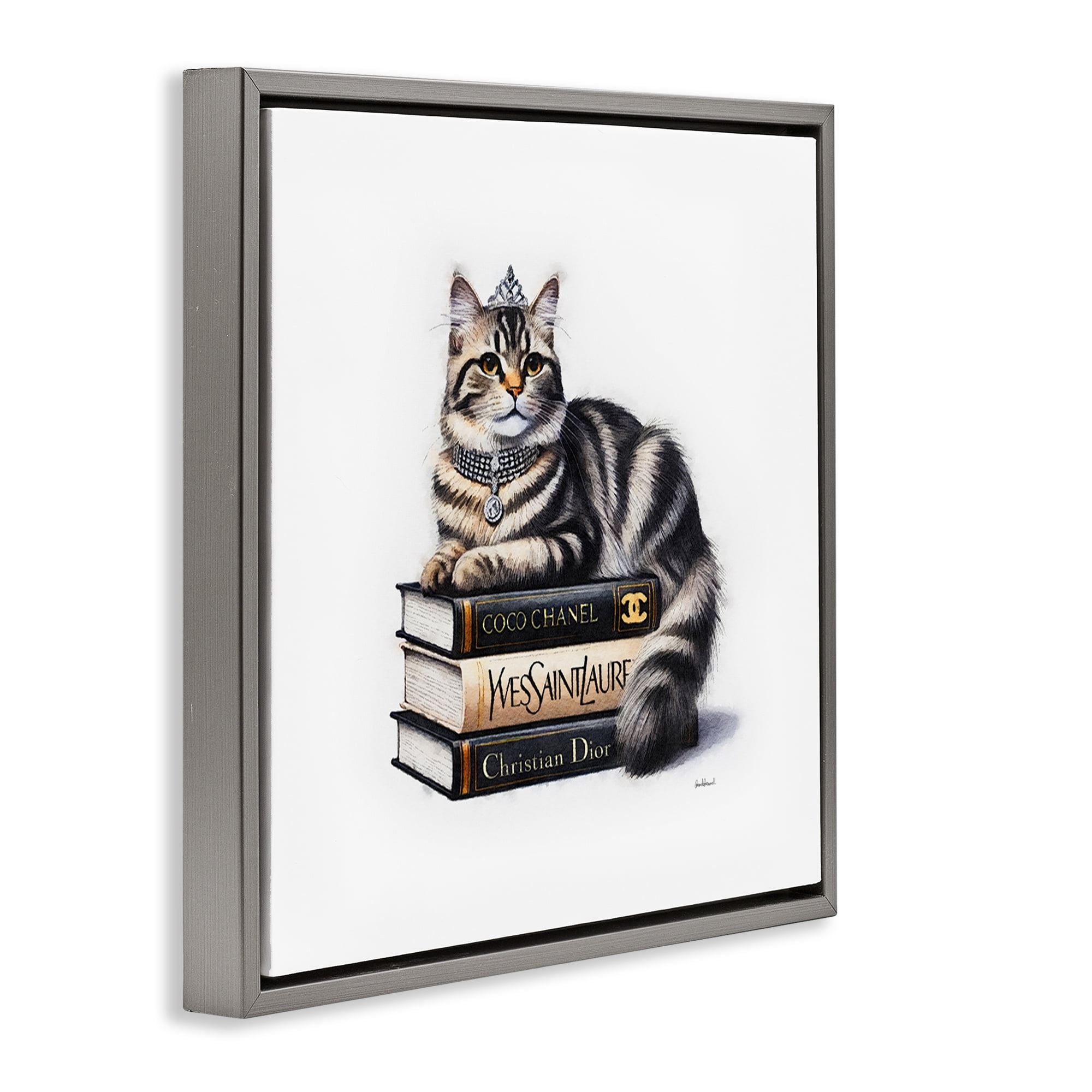 Stupell Industries Fashion Books & Cat Animals Painting Gray Floater Framed Canvas Art Print Wall Art, 25 x 25