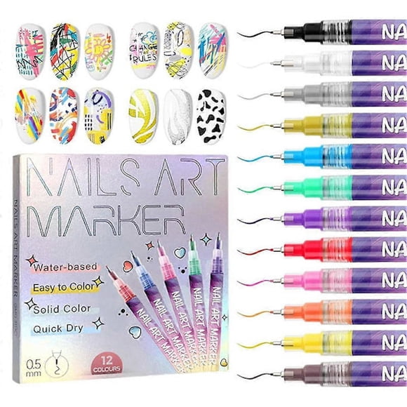 Ensemble de 12 stylos à ongles de couleurs différentes, marqueurs à ongles imperméables pour la création de motifs et la peinture d'ongles à faire soi-même