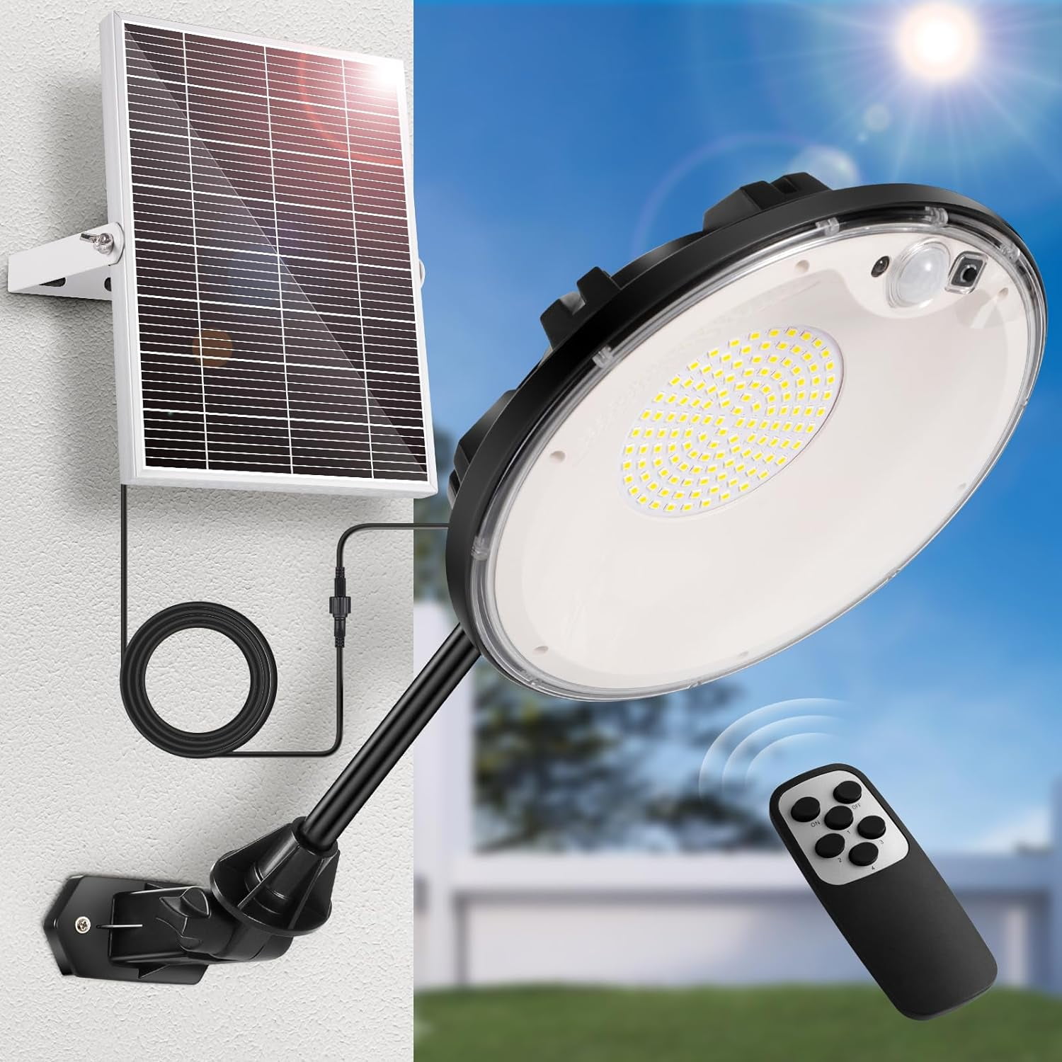 Solar Lights Outdoor Waterproof , 3500LM 4 Modes (1 All Day Mode) Motion Sensor Solar Security Shed Light with Remote,  Indoor Dusk to Dawn Solar Barn Light for Gazebo Yard Garage Patio