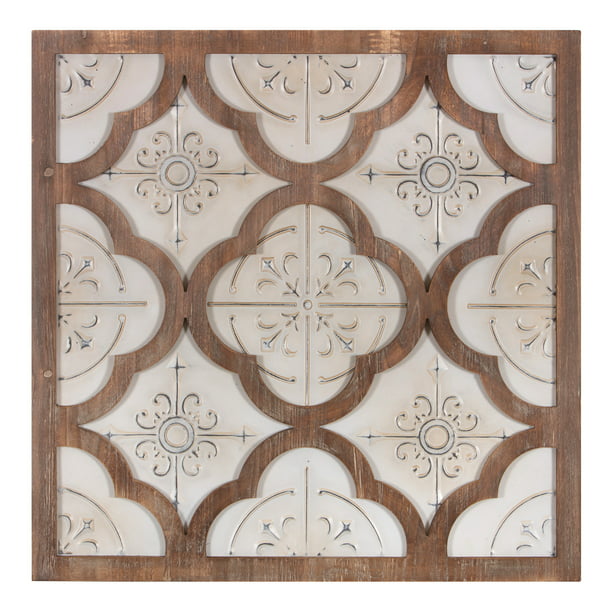 32 Inch Antique White Metal And Wood, Medallion Tiles Wall Art