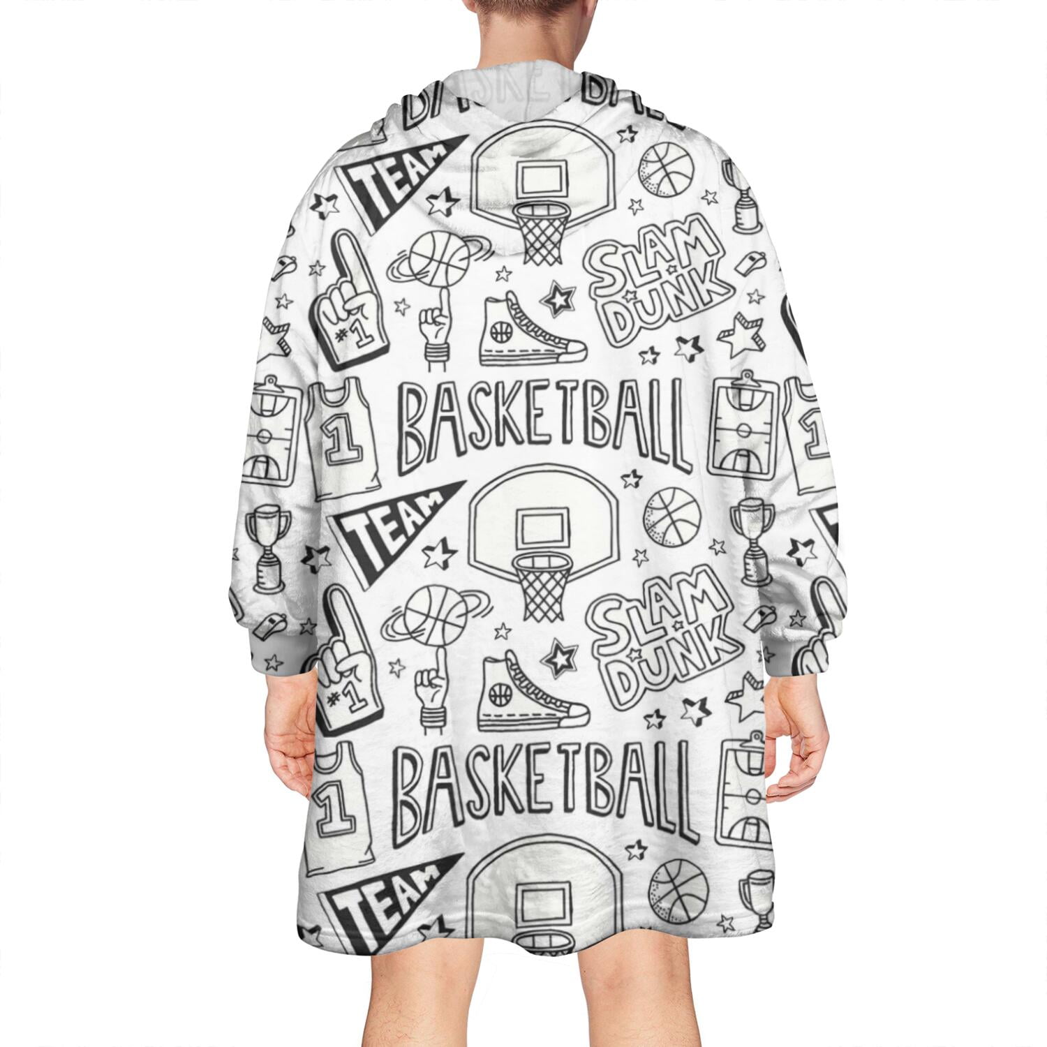 Basketball Doodle Pattern Wearable Oversized Blanket,Wearable Blanket Hoodie for Adults,Cozy Hooded Blankets with Super Pockets,Super Warm Fuzzy Pullover for Women & Men