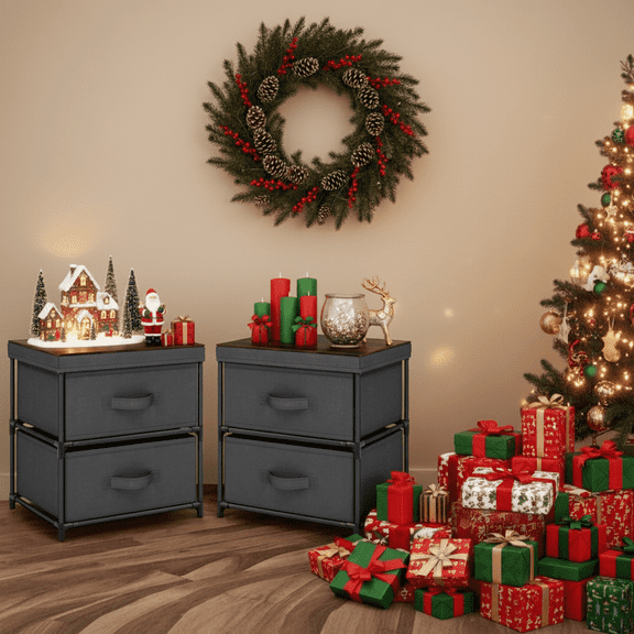 Resenkos 2 Drawer Grey Nightstand Set of 2 for Bedroom Modern Bedside Table, Wood Finish Accent Table