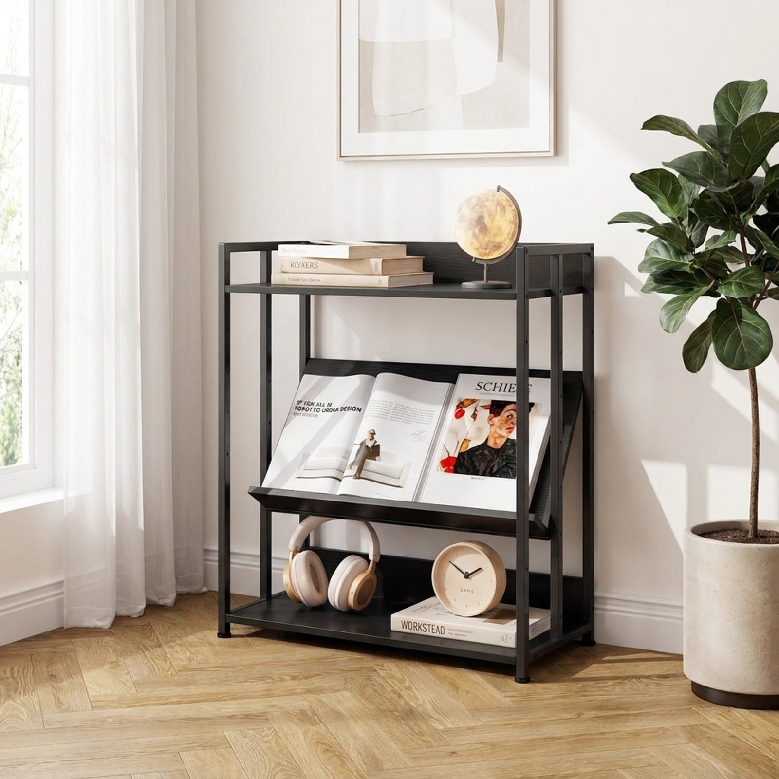 Furnibear 3-Tier Corner Bookshelf with Adjustable Shelves and Anti-Toppling Device for Study for Living Room Home Office Bedroom Display, Black