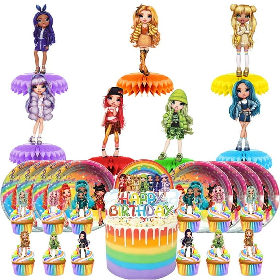 Rainbow High Dolls Party Supplies Decor Plates Fans Decorations Honeycomb Centerpieces Cake Toppers