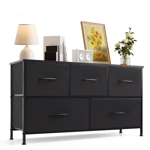 Casabay 5 Drawer Dresser Wide Chest of Drawers Storage Tower with Fabric Drawers and Wood Top for Bedroom Living Room Hallway, Black