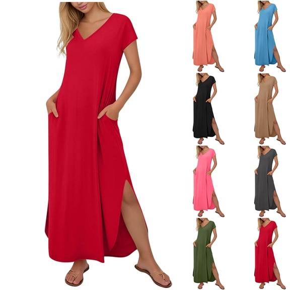 Nkmbld Women's Summer Maxi Dress T-Shirt V-Neck Plus size Split Maxi Dresses Beach Vacation Dress