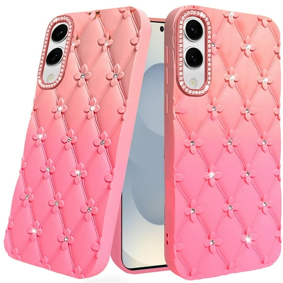 TJS for Samsung Galaxy S25 Edge Phone Case, Floral Joy Glitter Shimmer Leather Feel Thick TPU Cover for Galaxy S25 Edge (Orange/Pink)