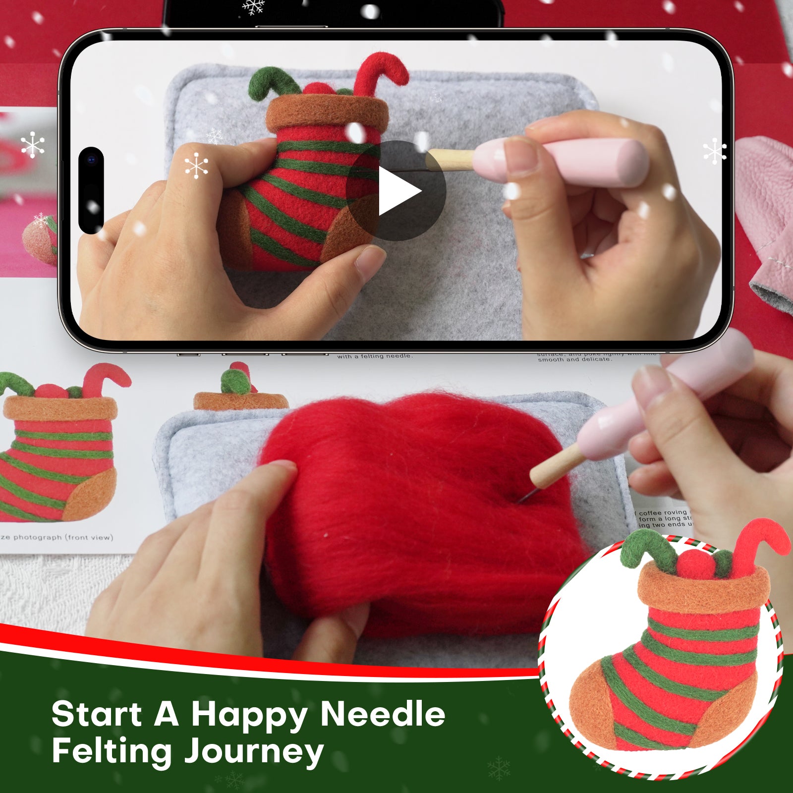 Christmas Tree, Stocking, Gingerbread man and Santa Needle Felting Kit. Wizardi DIY Wool Craft Kit F07N8-Z-10