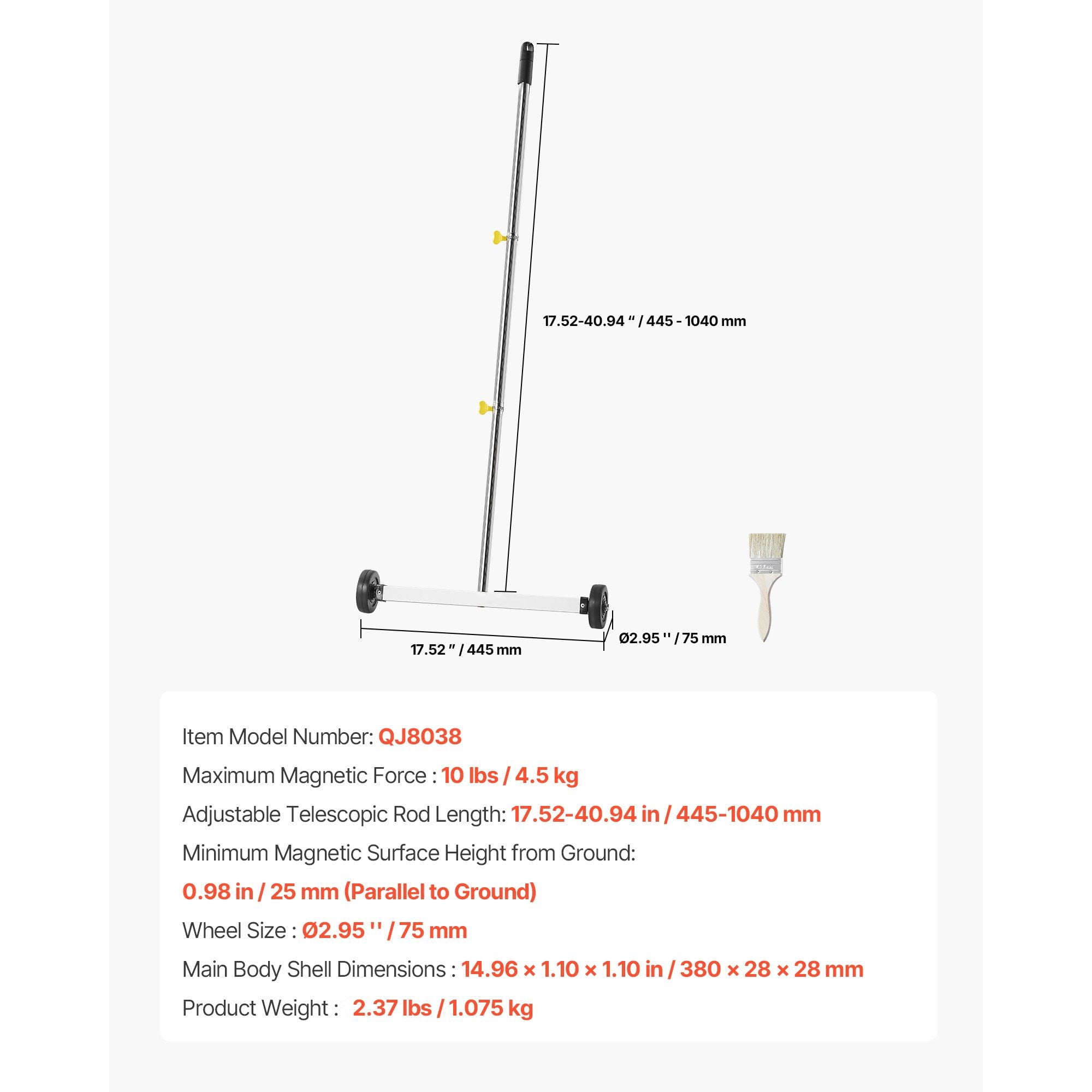 Magnetic Sweeper 17 Inch, 10 lbs Capacity with Telescoping Handle 17.52-40.94 Inch, Ergonomic Rubber Handle, 2.95 Inch Wheels for Garage Construction Sites