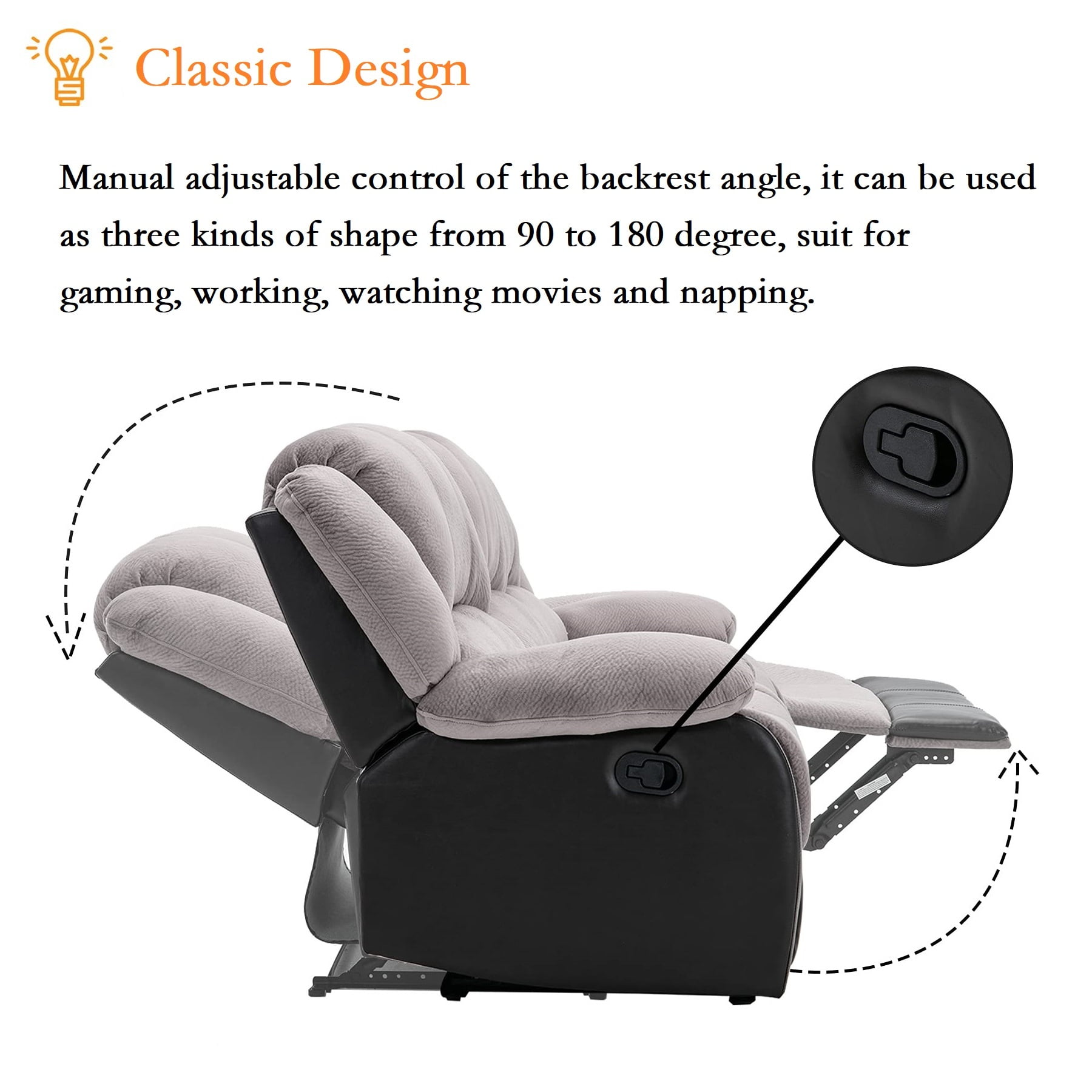 Nathaniel Home Manual Single Reclining Sofa, Champion PU Leather Upholstered Couch, Tufted Recliner, Plush Scoop Seating, for Living Room Home Theater, Gray