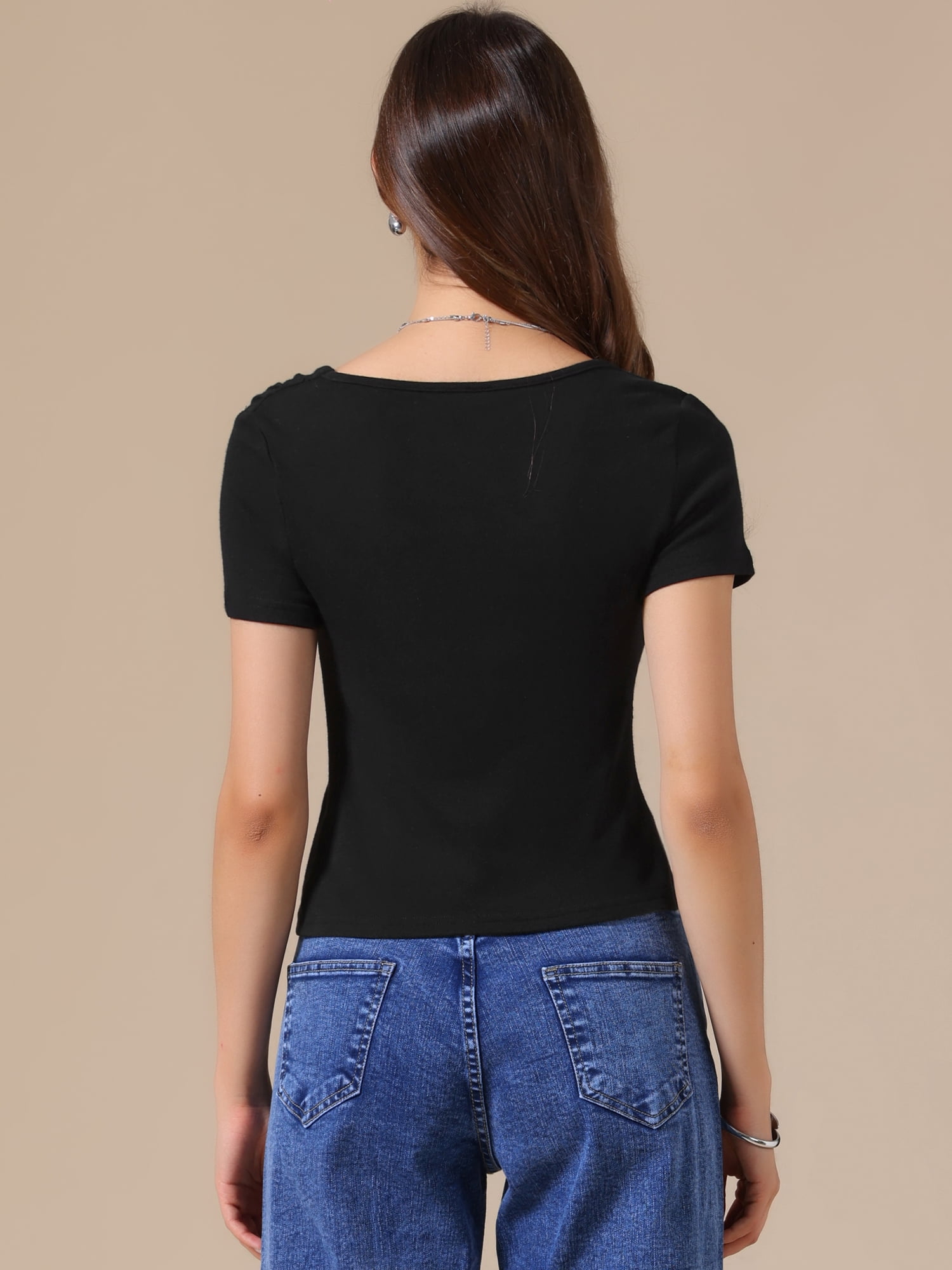 DARING DIVA Women's Short Sleeves Top Ruched Going Out Crop Slim Tee Blouse L Black