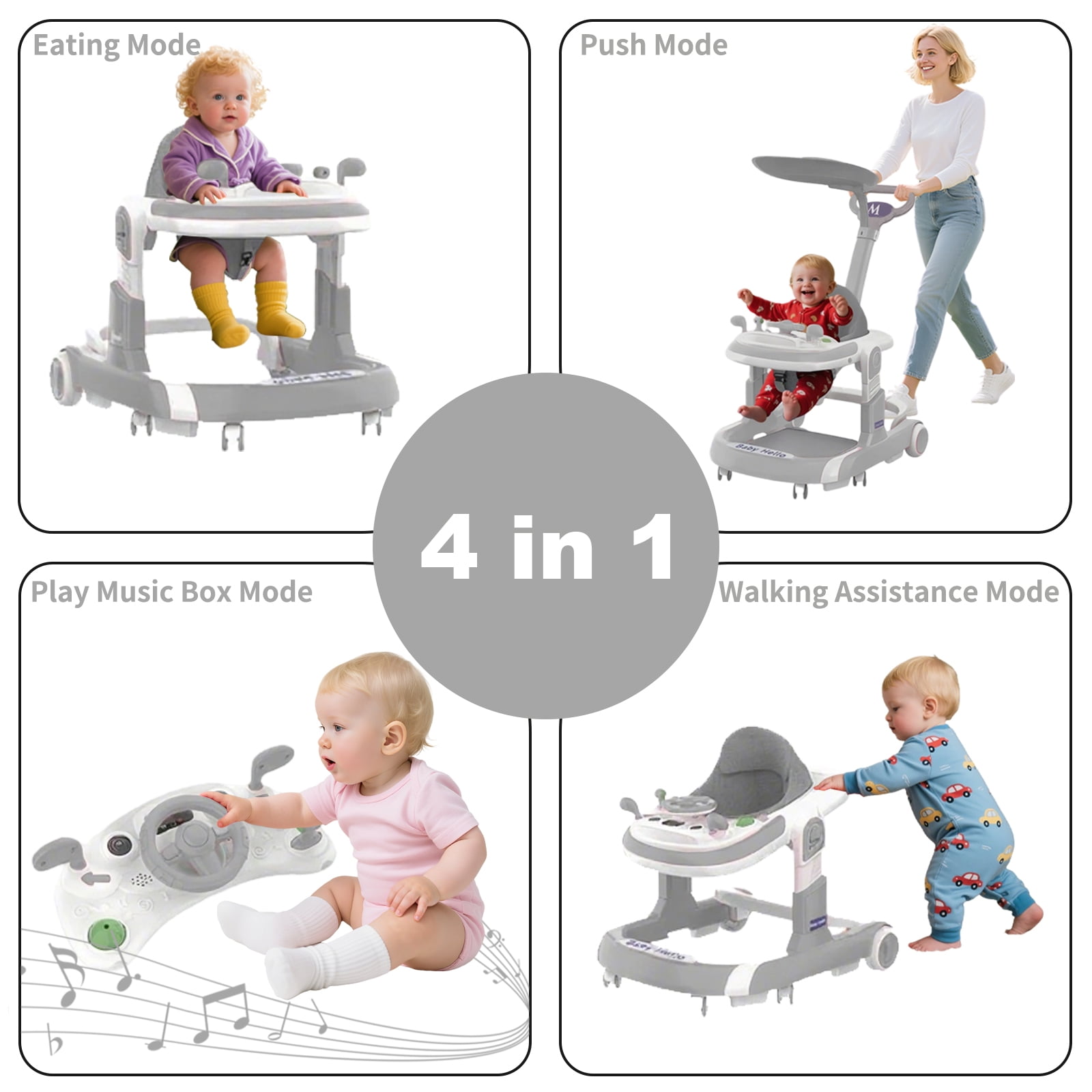 ManyFun 4-in-1 Musical Infant Baby Walker with Wheels functional, Height Adjustable, Foldable Design (Gray)