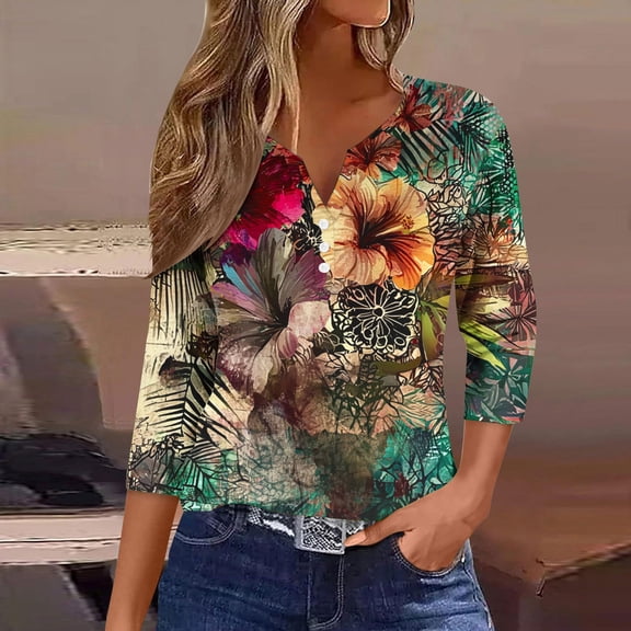 Jsaierl Womens 3/4 Length Sleeve Tops Casual Button Up V Neck Shirts Cute Print Ladies Blouses Work Dressy T-shirts Top S-3XL