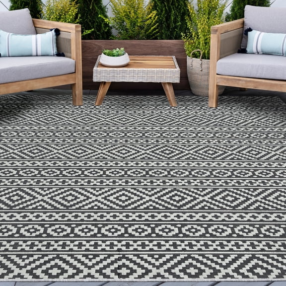 5x8 Water Resistant, Indoor Outdoor Rugs for Patios, Front Door Entry, Entryway, Deck, Porch, Balcony | Outside Area Rug for Patio | Black, Stripe | Size: 5'3'' x 7'3''