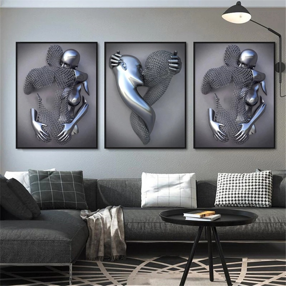 Bedroom Wall Decor,Romantic Couple Living Room Canvas wall art,Metal  Sculpture Effect,Black and White Modern Abstract hug Lovers Picture Prints  for Room by TWSOUL