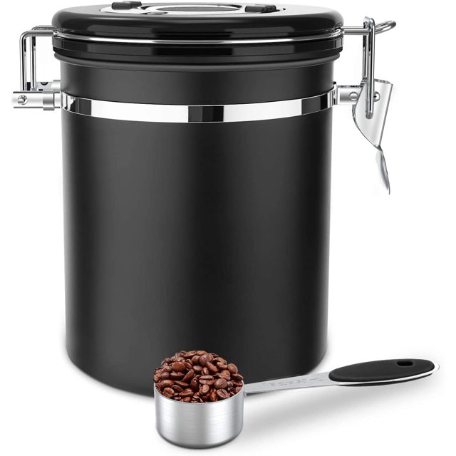 Caja de almacenamiento de contenedores de granos de café de acero inoxidable de 1,5 l para café, té, cacao, cereales, pasta, avena, bono (negro) JFHHH pequeña