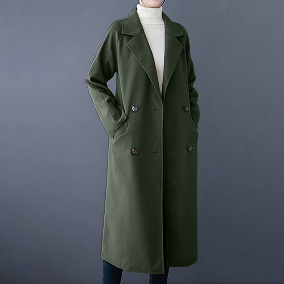 Fnooota Womens Peacoats, Lapel Collar Long Belt Wool Trench Coat Army Green Size XL