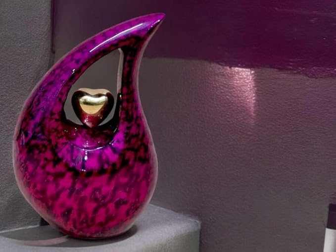 Teardrop Urns with Golden Heart for Human Ashes - Decorative Urns for Human Ashes Holds Upto 200lbs - Teardrop Cremation Urn with Velvet Bag (Pink 10 Inches)