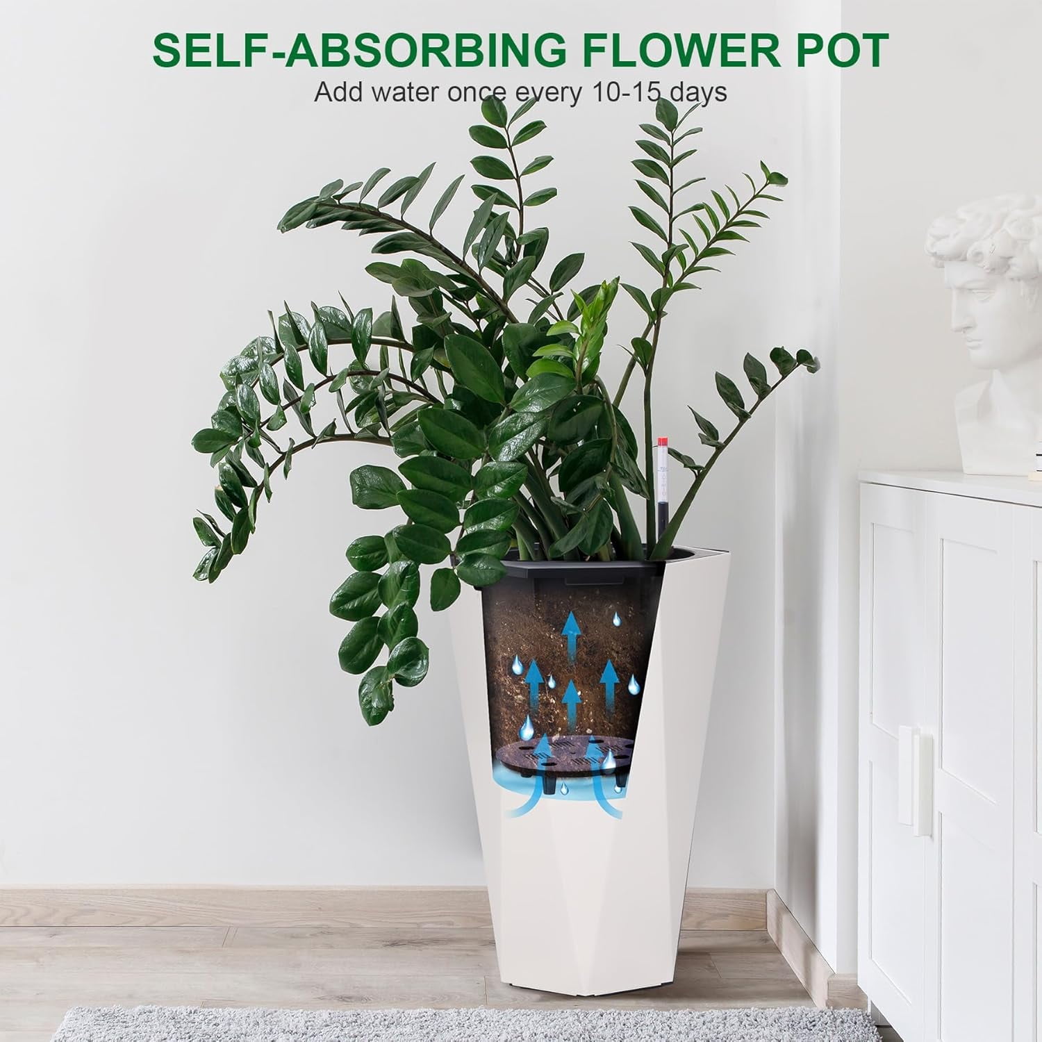 QinaQin 2PC 22.4Inch Self Watering Planters,Tall Diamond Plastic Flower Pots with Inner Bucket,Trays & Water Level Monitor,Indoor Outdoor Planters for Indoor Outdoor,White