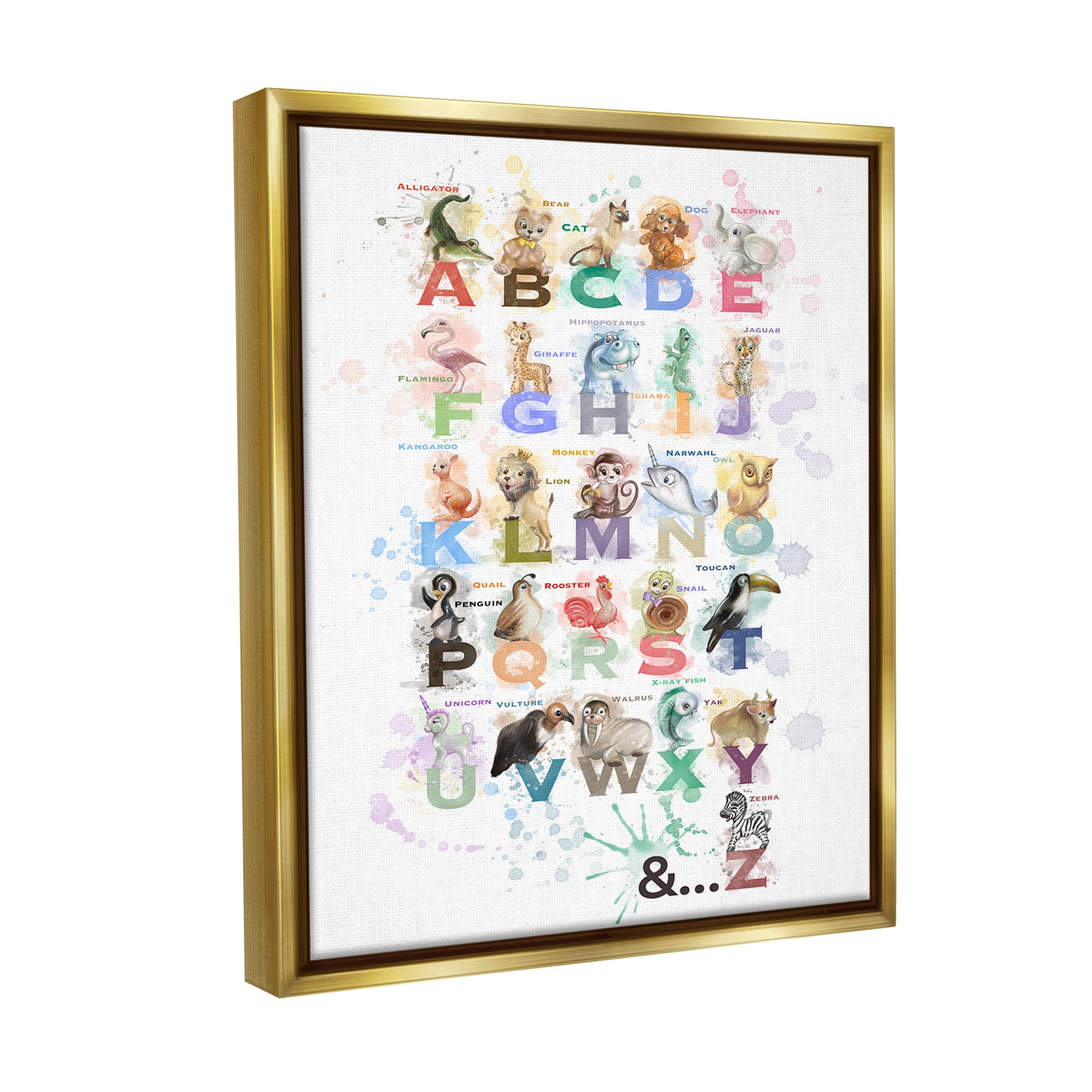 Stupell Industries Modern Splash Animal Alphabet Animals & Insects Painting Gold Floater Framed Canvas Art Print Wall Art, 25 x 31