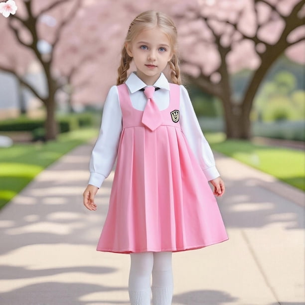 Conjunto de falda para niña, temporada escolar abierta, estilo universitario, vestido con cuello, falda plisada, conjunto de falda, vestido de poliéster para niña