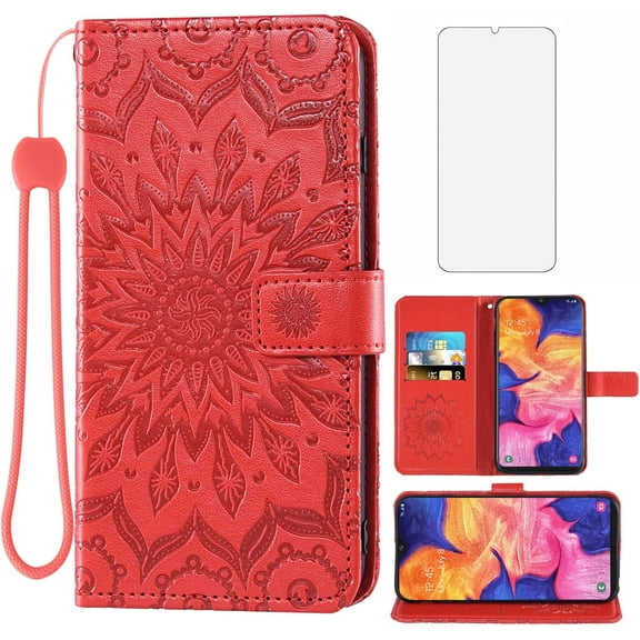 Phone Case for Samsung Galaxy A10e Wallet Cases with Tempered Glass Screen Protector and Leather Magnetic Flip Cover Card Holder Stand Cell Accessories Glaxay A 10e Gaxaly 10ae S102DL Women Men Red