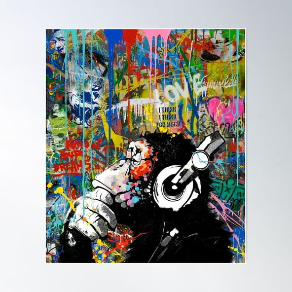 Monkey Thinker - Banksy Urban Contemporary Colorful Street Art - Dj Chimp Poster Wall Art, Modern Wall Decor For Living Room Bedroom, 16x24 UNFRAMED