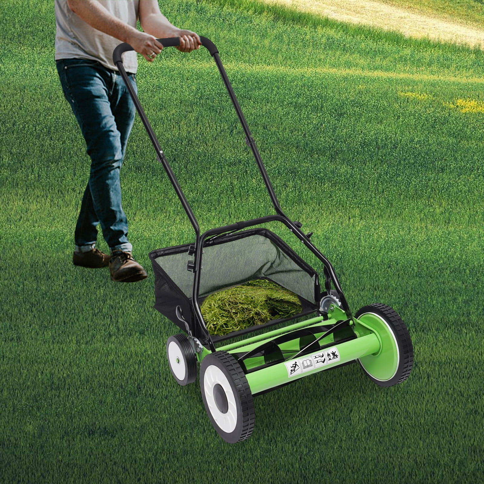 16-Inch 5-Blade Cordless Manual Reel Lawn Mower, Adjustable Cutting/ Handle Height Grass Cutter Green