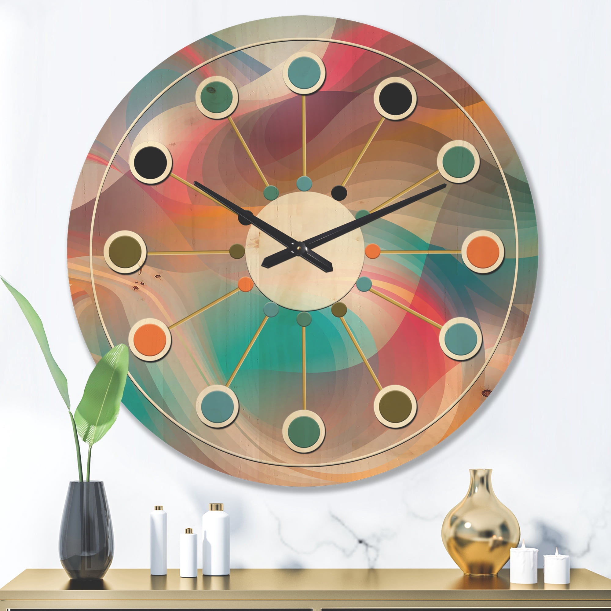 Designart 'Shining Colour Waves Retro Pattern' Mid-Century Modern Wood Wall Clock