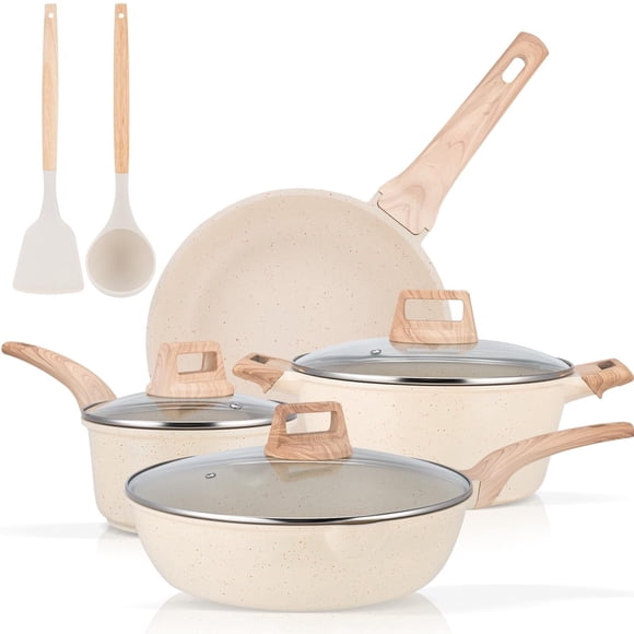 Juego de Ollas y Sartenes Antiadherentes, Batería de Cocina con Mango Desmontable, Sartenes y Cacerolasde de Granito Blanco, Sartén para Freír sin PFOA, Sartenes de 18cm/ 24cm/ 26cm /30cm