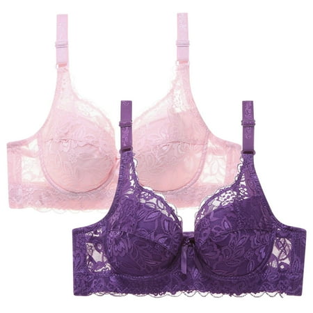 WREESH Womens Lace Bralette Comfortable Everyday Push Up Bra Soft Padded Wireless Plunge Bra Adjustable Strap Underwear 2 Pack Pink