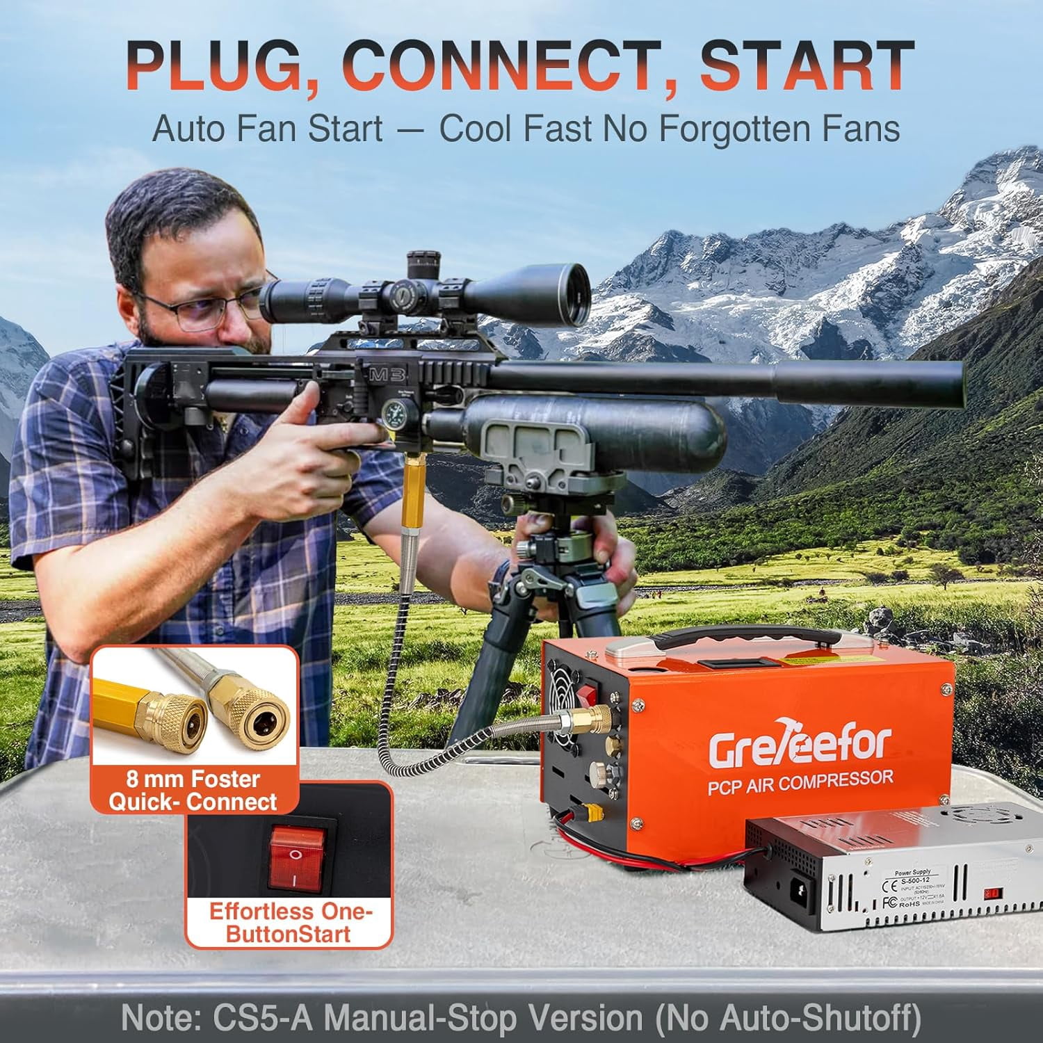 PCP Air Compressor, 4500 PSI / 30 MPa, Dual Power (12V DC & 110V/220V AC), Retractable Handle, Water/Oil-Free for Paintball, PCP Rifle, and HPA Tanks, Manual Stop, 250W (Orange)