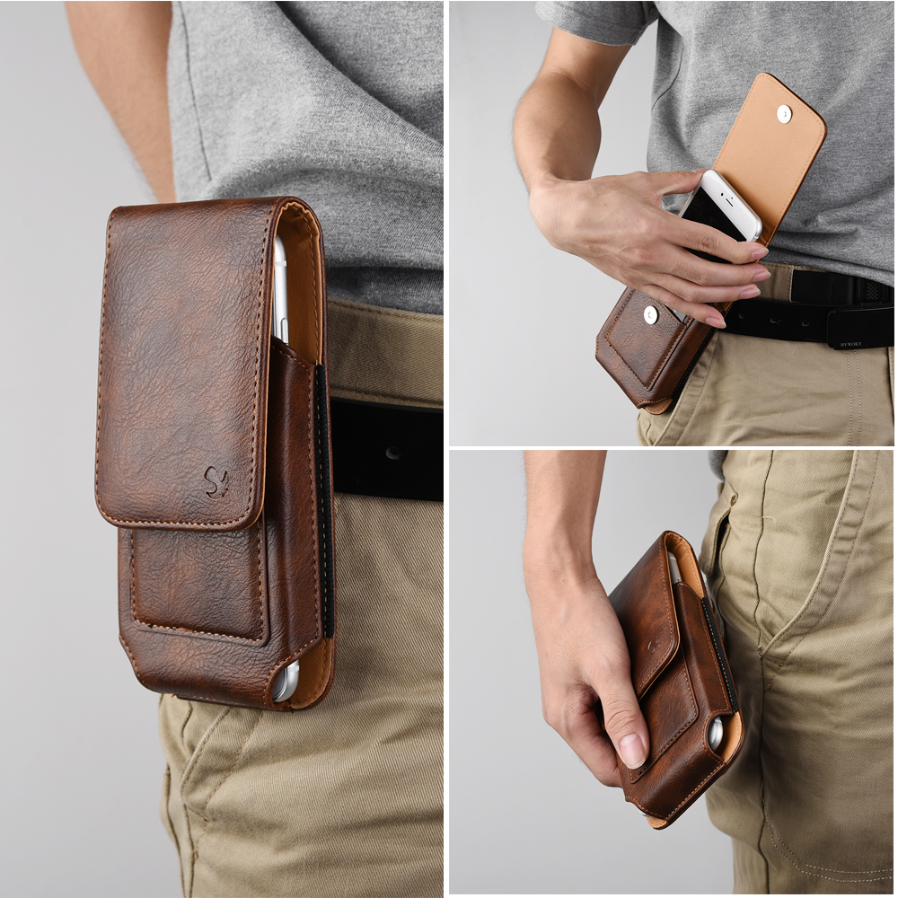 6.5-inch Vertical Brown PU Leather Universal Cell Phone Holster Pouch with Belt Clip and Card Slots