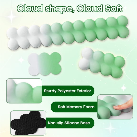 3 Pieces Cloud Keyboard Wrist Rest Mouse Pad Coaster Set ,Computer Palm Support for Home Office Laptop Gradient Green