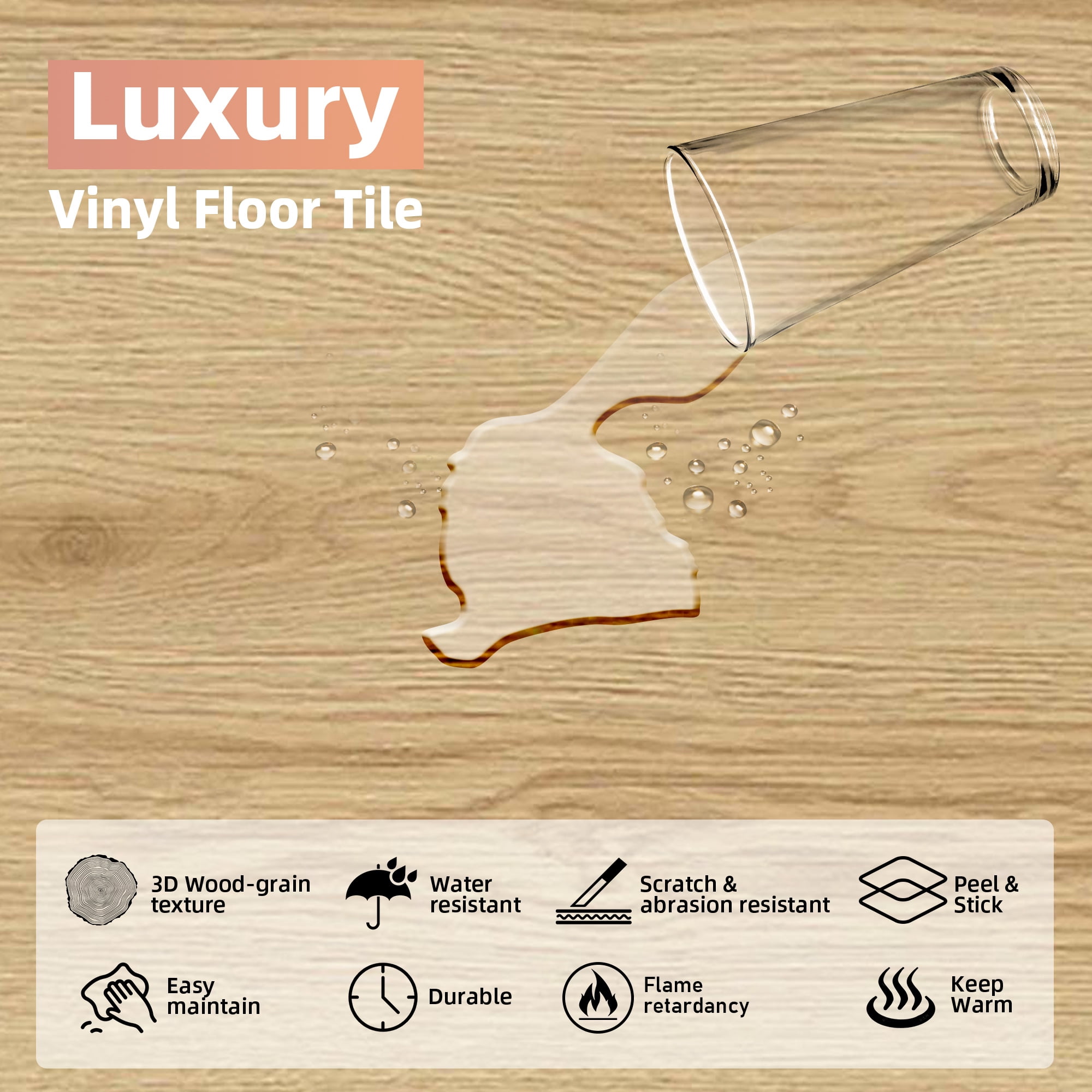 Peel and Stick Floor Tile Waterproof Light Oak Vinyl Flooring 36-Pack 54 Sq.Ft, DIY Self Adhesive Wood Plank for Bedroom, Kitchen, Living Room