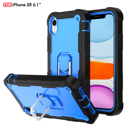 iPhone XR Case - Heavy Duty Hybrid Rugged Dual Layer Protective Shockproof Kickstand Cover with Ring Holder for Apple iPhone XR 6.1", B
