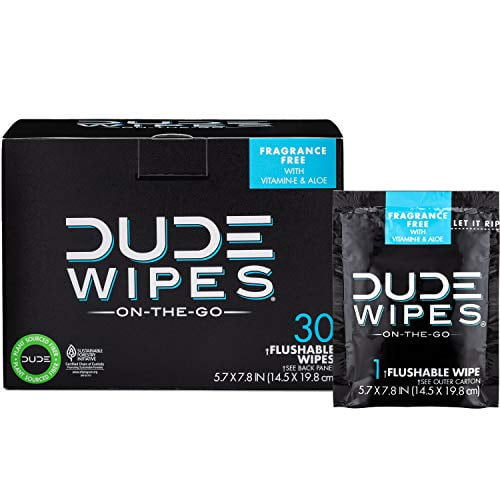 DUDE Wipes Flushable Wipes, Individually Wrapped for Travel, Unscented Wet Wipes with Vitamin-E and Aloe, Septic and Sewer Safe, 30 Count