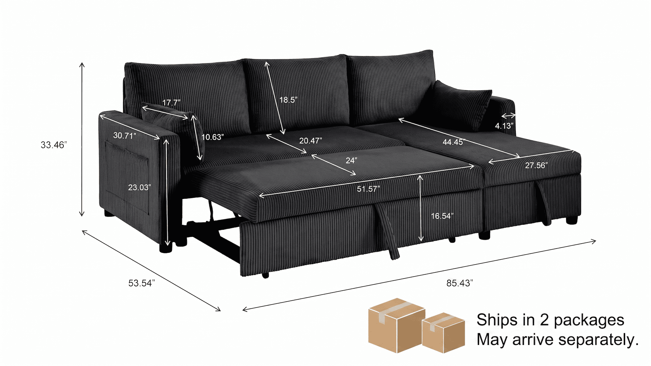 Xiweot 85" Sectional Sleeper Sofa Bed, L Shaped Couch with Pull Out Bed & Storage Chaise, Corduroy 3 Seat Sectional Couch for Living Room Apartment Small Space (Black)