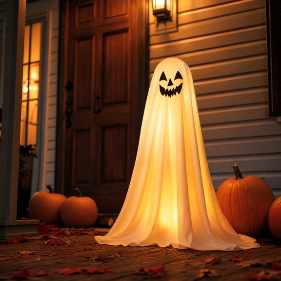 33" Light-Up Ghost DIY Kit with Stand, Halloween Standing Spooky Decor Fabric Ghost Statue with String Lights for Porch Party Props